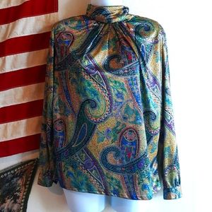 Vtg 80s Rainbow Paisley Turtleneck Blouse